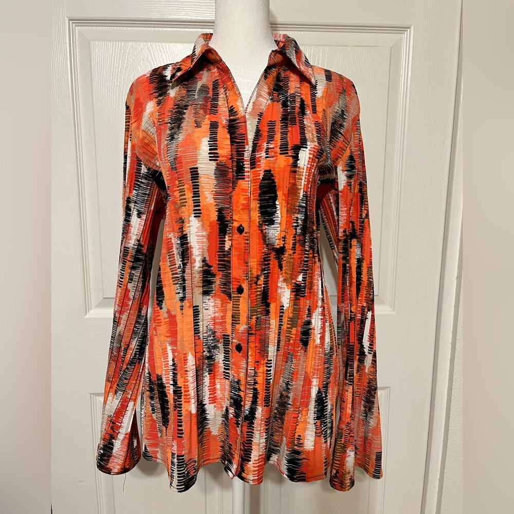 Fall colors pleated blouse. Slimming. Long bell sleeves. Orange black coral. XL